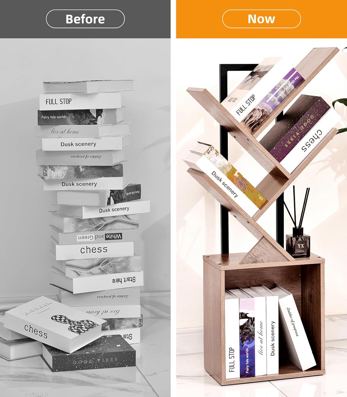 Tree Bookshelf Bookcase with Storage Cabinet, 4-Tier Modern Corner Bookshelves, Narrow Wood Book Rack, Mini Floor Standing Book Organizer for Kid Room, Bedroom, Living Room, Home Office, CD/DVD