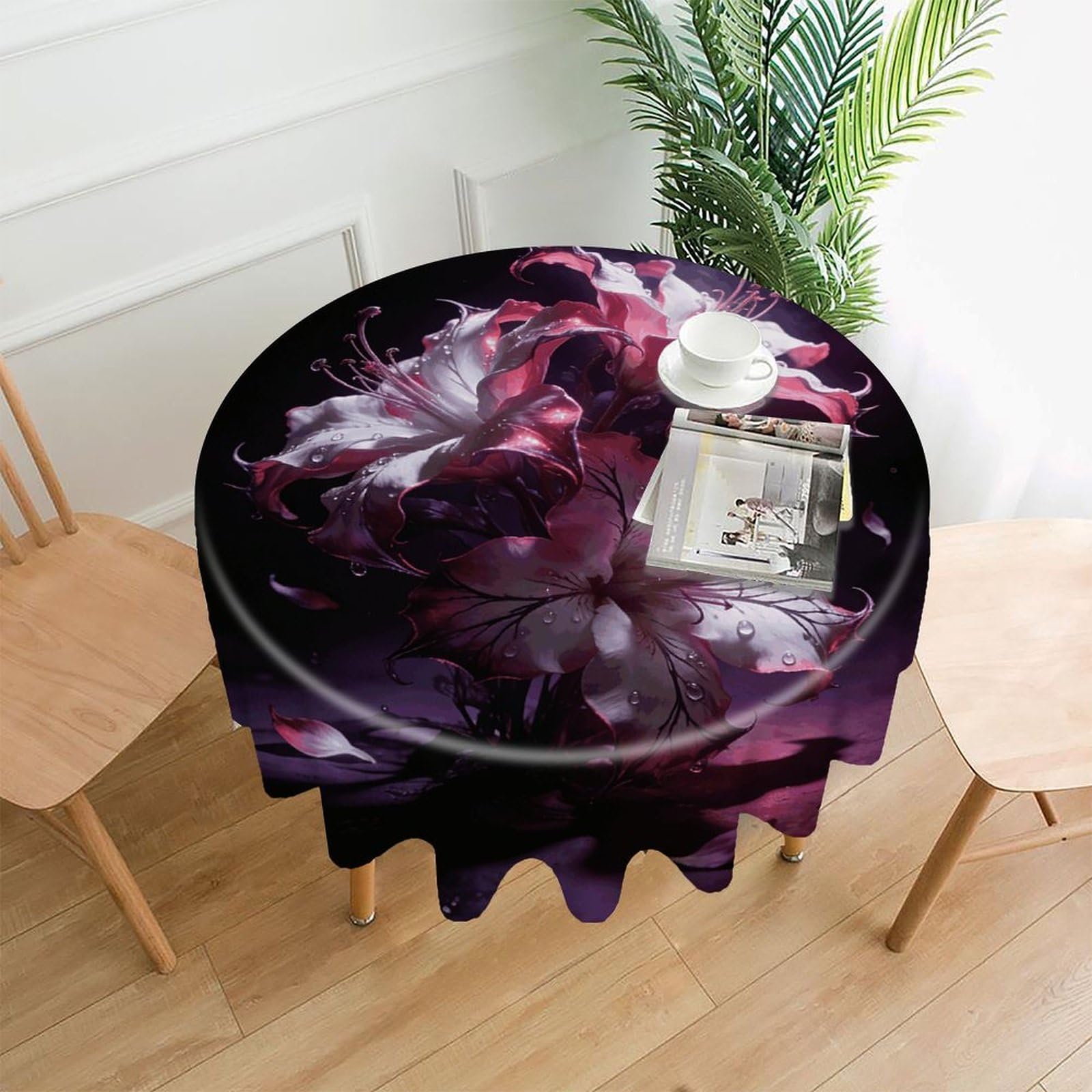 LZQPOEAS Dark Fantasy Contrast Floral Tablecloth Easy to Clean Polyester Round Table Cover Washable Round Table Cloth Wrinkle-Free Circle Decoration Tablecloth for Kitchen and Dining Room 60"