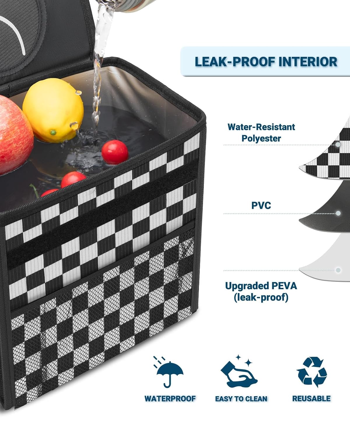 Capolo Car Trash Can with Lid, Leakproof Car Trash Bag Hanging Waterproof Automotive Garbage Can with Storage Pockets Mini Vehicle Trash Bin for Back/Front Seat(Black Checkerboard,3 Gallon)