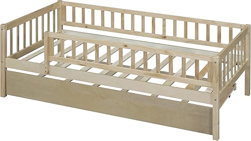 Miniatura 8 de Merax Sofá cama de tamaño individual con nido, marco de cama individual de madera con barandillas de valla, no necesita somier, natural