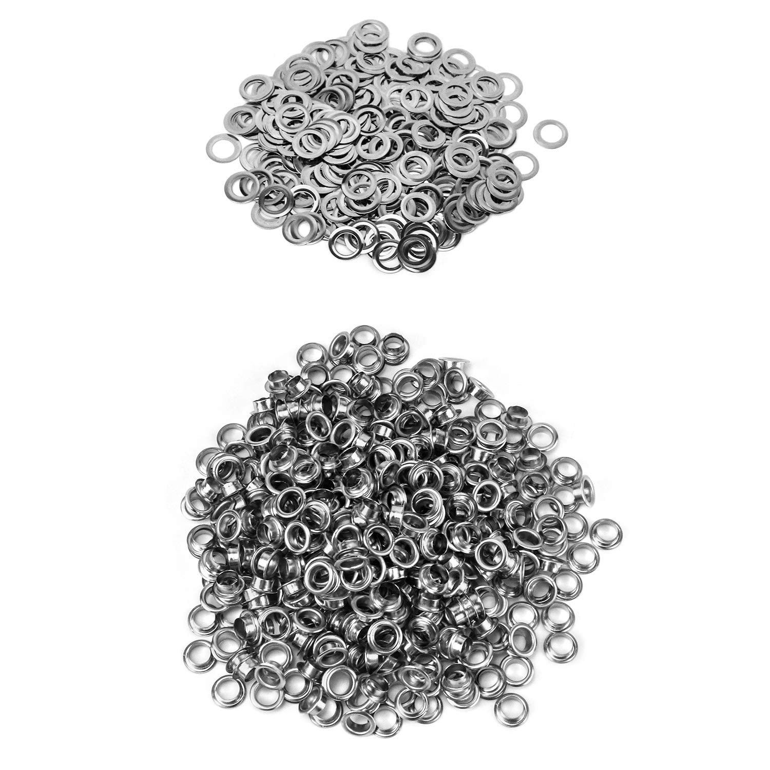QWORK Zestaw narzędzi do przelotek, 1000 sztuk oczek przelotek i 1000 sztuk podkładek do oczek, 6 mm (1/4 cala), srebrny, do butów, odzieży, plandek z tkaniny skórzanej,washer self backing