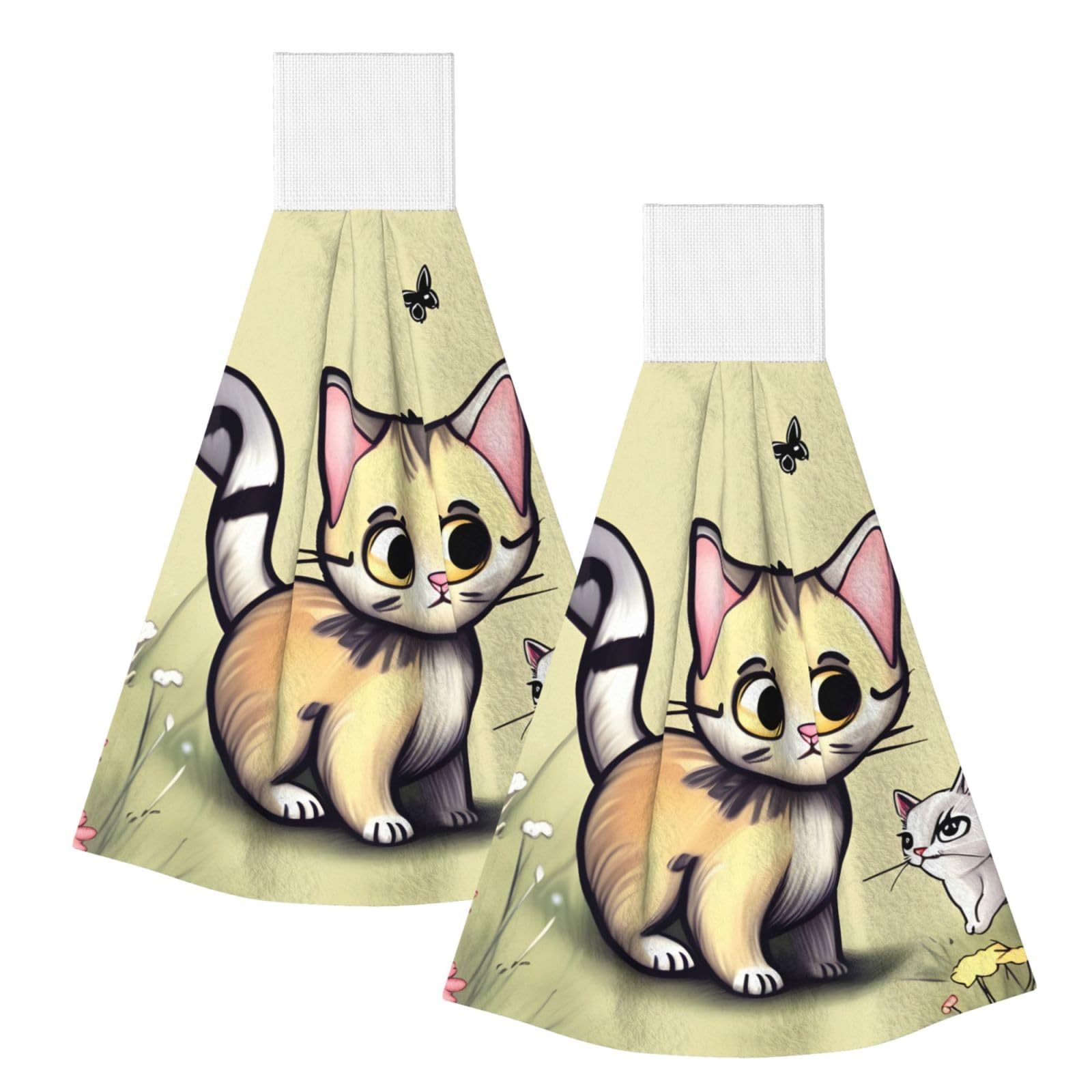 WUPngg Cat and Butterfly Bathroom Tie Towels/Dish Cloth,Kitchen Hanging Towel, Coral Fleece Dry Cleaning Hand Dishcloths One Size