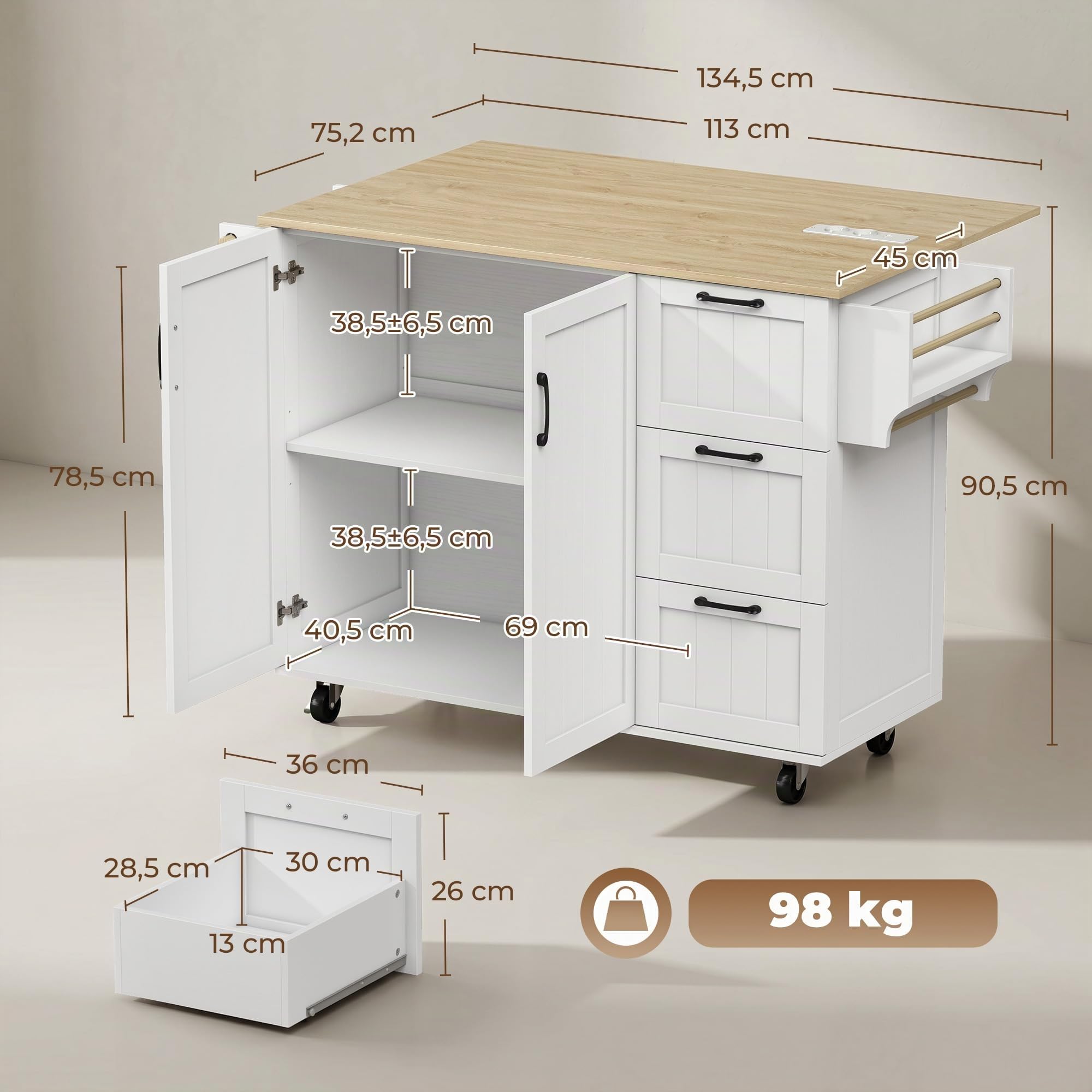 HOMCOM Isla de Cocina con Encimera Extensible y Estación de Carga, Carro de Cocina con Ruedas, 2 Puertas, 3 Cajones, Estantes Ajustables, Especiero y Toallero, Blanco