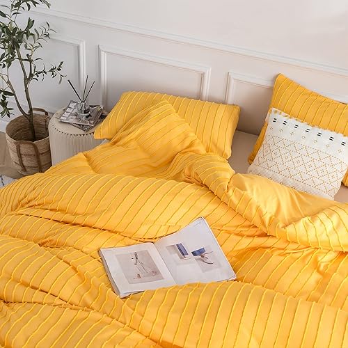 Miniatura 6 de Juego de funda de edredón tamaño individual, suave lavado, 3 piezas, funda de edredón amarilla copetuda, ligera para todas las estaciones, 1 funda