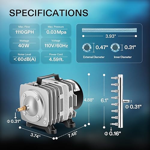 Miniatura 2 de VIVOSUN Bomba de aire comercial 1110 GPH 8 salida 40W 70Lmin para acuarios y sistemas hidropónicos