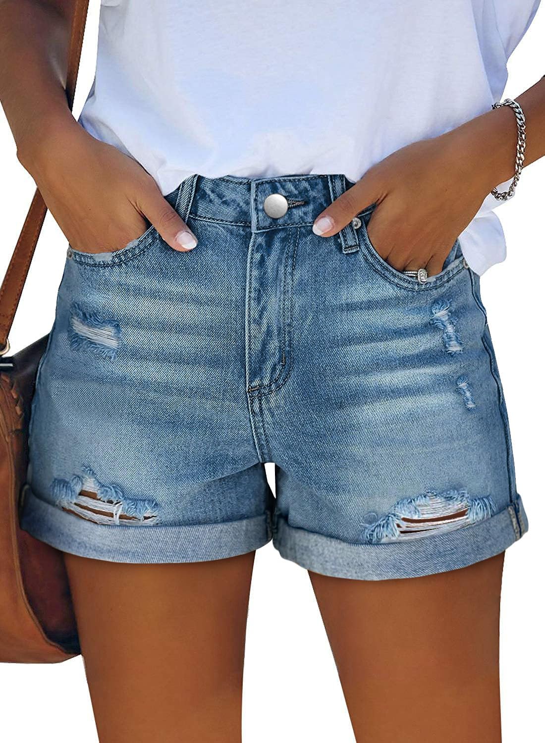 Angerella Denim Shorts for Women Mid Rise Ripped Jean Shorts Stretchy Folded Hem Hot Short Jeans