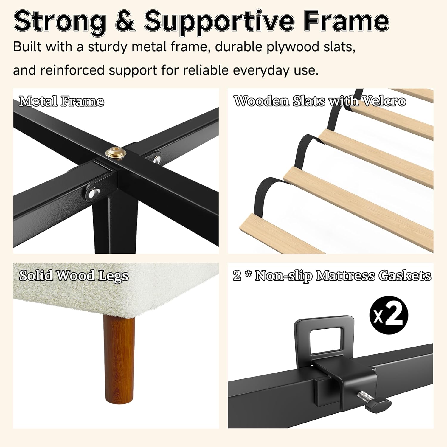 Queen Boucle Upholstered Platform Bed Frame with Adjustable Wingback Headboard, Cloud Bed with Solid Wood Legs, No Box Spring Needed, Easy Assembly, Beige