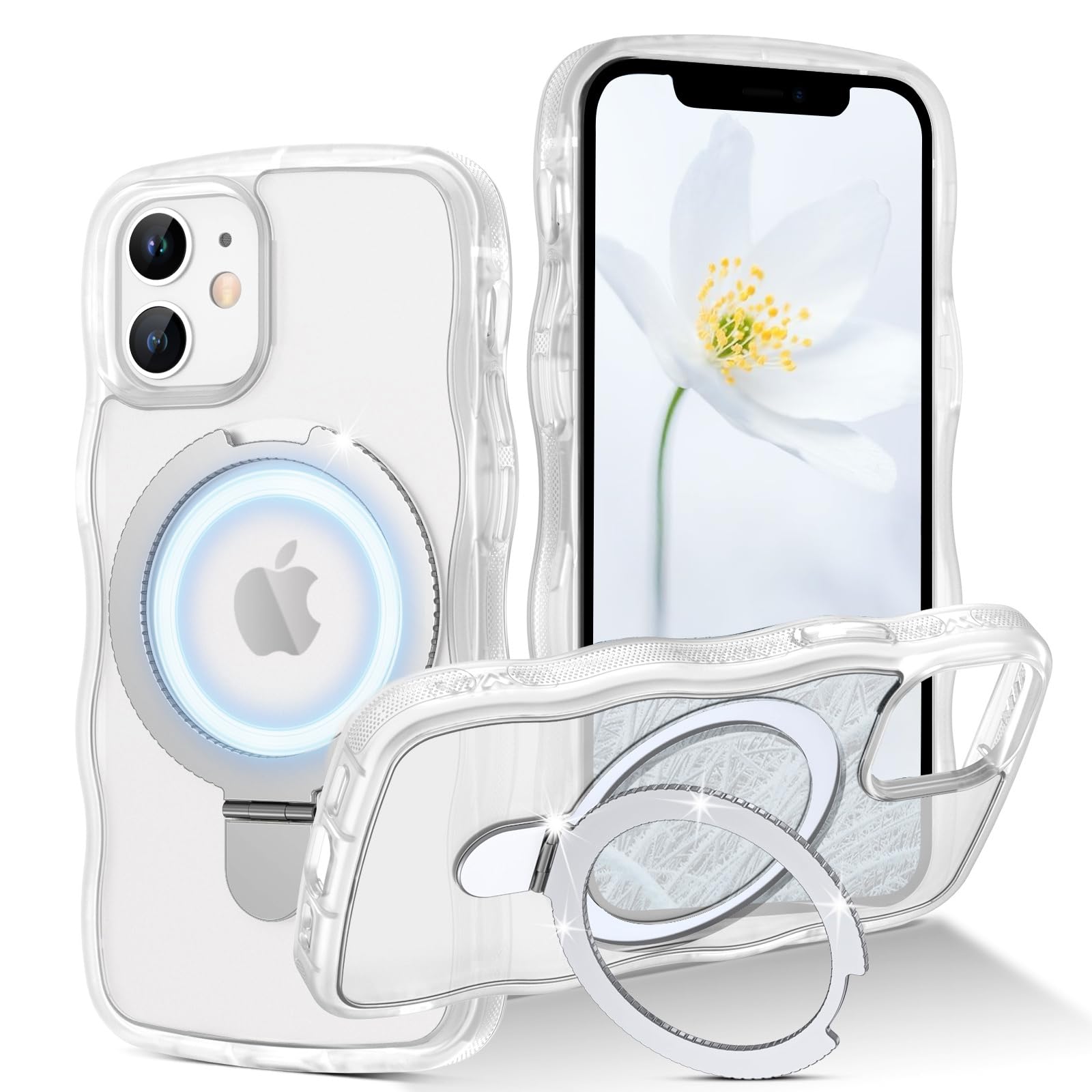 GUAGUA iPhone12Mimi ケース MagSafe対応 ウェーブ スタンド 半透明 縦横両対応 リング付き いphone 12Mimi 可愛い うねうね 韓国 120°開閉可能 耐衝撃 指紋防止 マット感 滑り止め スマホケース 12Mini マグネット搭載 アイフォン 12ミニ なみなみ 金属キックカバー（クリア 白い）