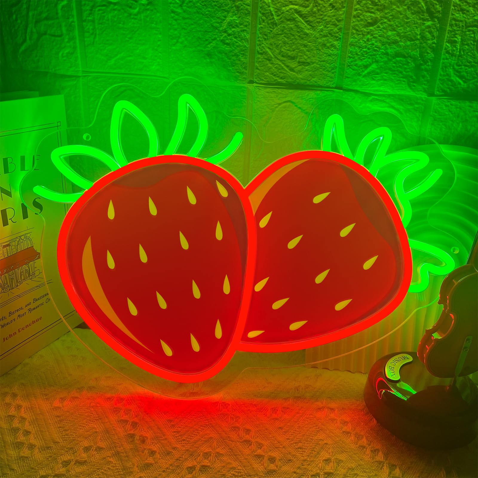 Strawberry Neon Sign for Wall Decor, Dimmable Printing Strawberries Fruits Neon Lights, Vibrant Fruit Themed Neons LED Signs for Kids Room, Bedroom,