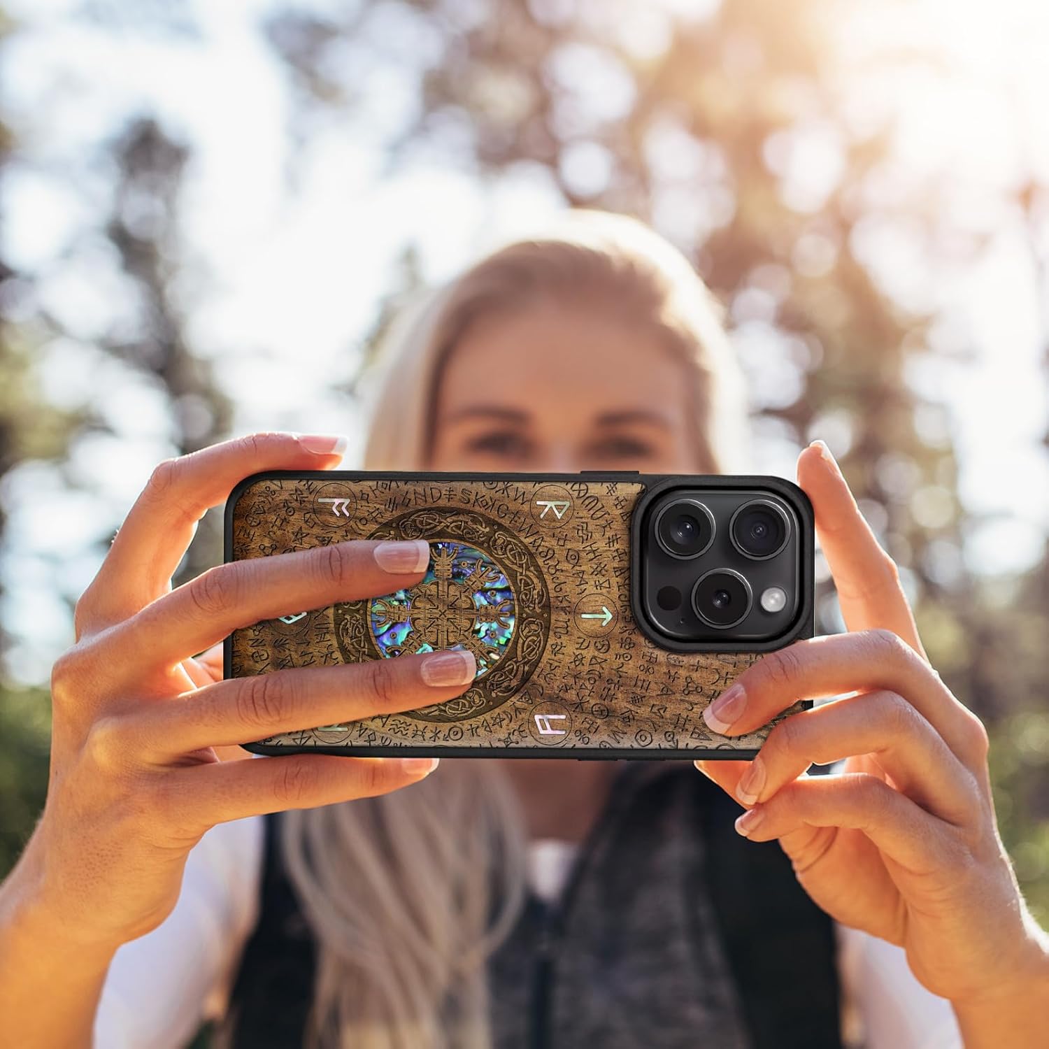 Carveit Magnetic Case for iPhone 16 Pro Case, Wood Artisan Engraved & Handmade Shell Inlaid, TPU Shockproof Cover, Compatible with MagSafe Wireless Chargers (Viking) Walnut