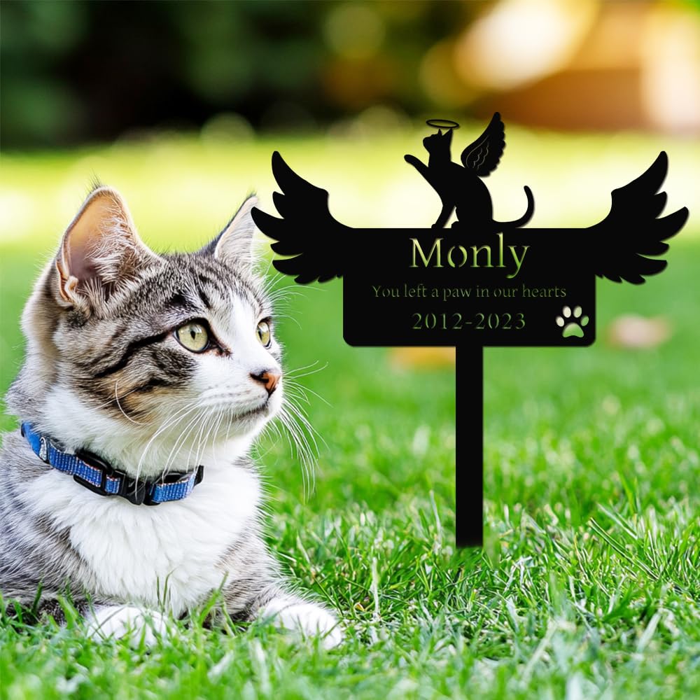 Personalized Cat Memorial Stake Outdoor Metal Plaque,Custom Cats Memeries Grave Marker Remembrance Gifts with Wings,Customized Pet Loss Sympathy Gift for Garden,Pets Headstone for Cemetery Burial