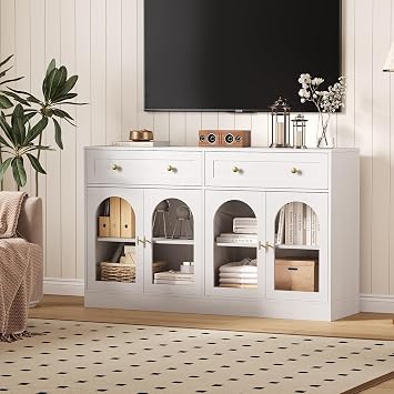 55 Farmhouse Sideboard Buffet Cabinet with Storage, Large Glass Display Cabinet Console Coffee Bar Buffet Table with 2 Drawers & Acrylic Doors for Kitchen, Dining Room, Living Room, White