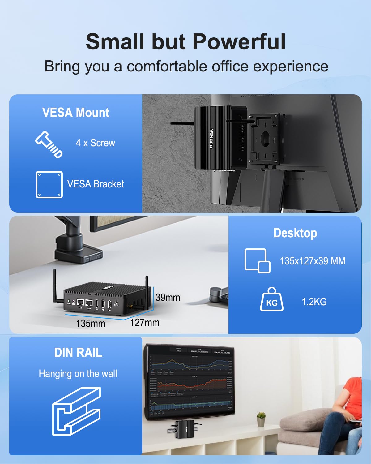 VENOEN Mini PC sin Ventilador N95, Fanless Desktop pc, Dual HD2.0, DP, 4K, 2xCOM, LAN RJ45, WiFi, BT4.2, Auto Power On, Uso en Oficina/hogar/Empresa, Servidor Industrial, NO RAM NO SSD