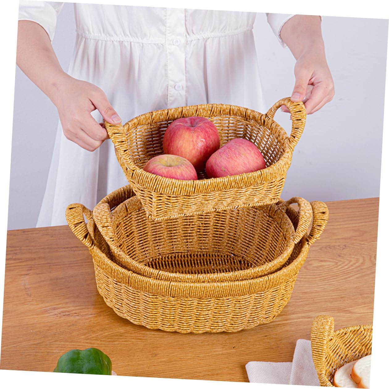 Simulated Rattan Fruit Basket with Double Handles Large Oval Deep Bread and Snack Storage Tray Plastic Wicker Serving Bin for Home Kitchen and Outdoor Picnic