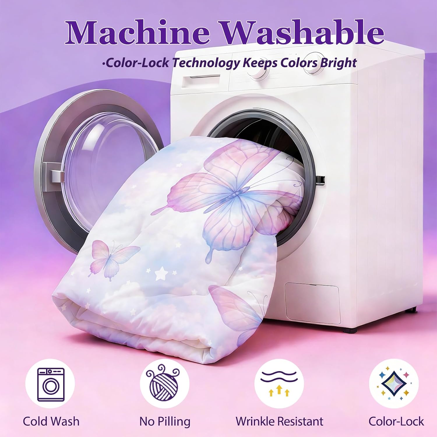 Girls Butterfly Bedding Set Twin, 5-Piece Kids Bed in a Bag with Comforter, Sheets & Pillowcases, Machine Washable Comforter Set with Deep Pocket Sheets for Girls Room Decor