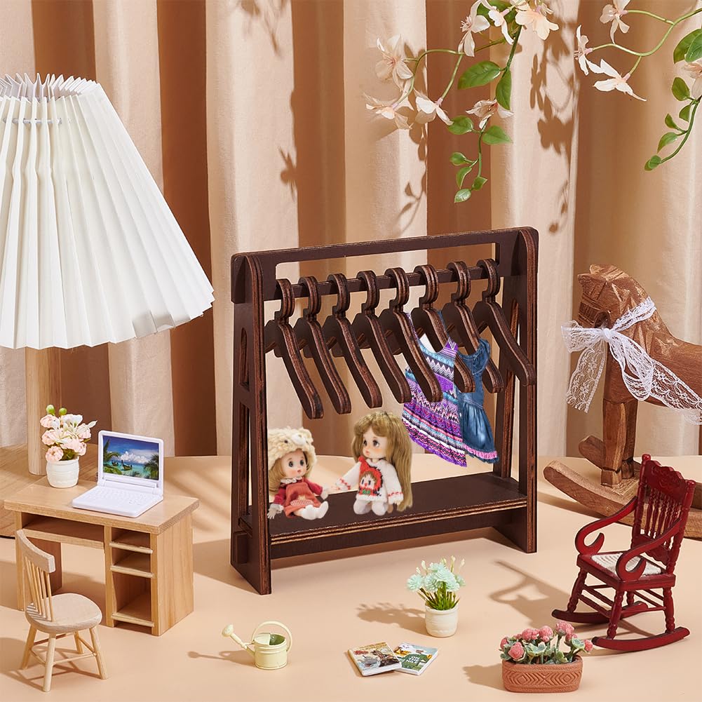 UNICRAFTALE Wood Clothe Rack Dolls Hanger with 10Pcs Clothes Hanger Small Dolls Clothes Racks Coconut Brown Mini Dress Up Storage Doll Garment Rack for Doll Accessories 19x5.2x21cm for Adult - Image 2