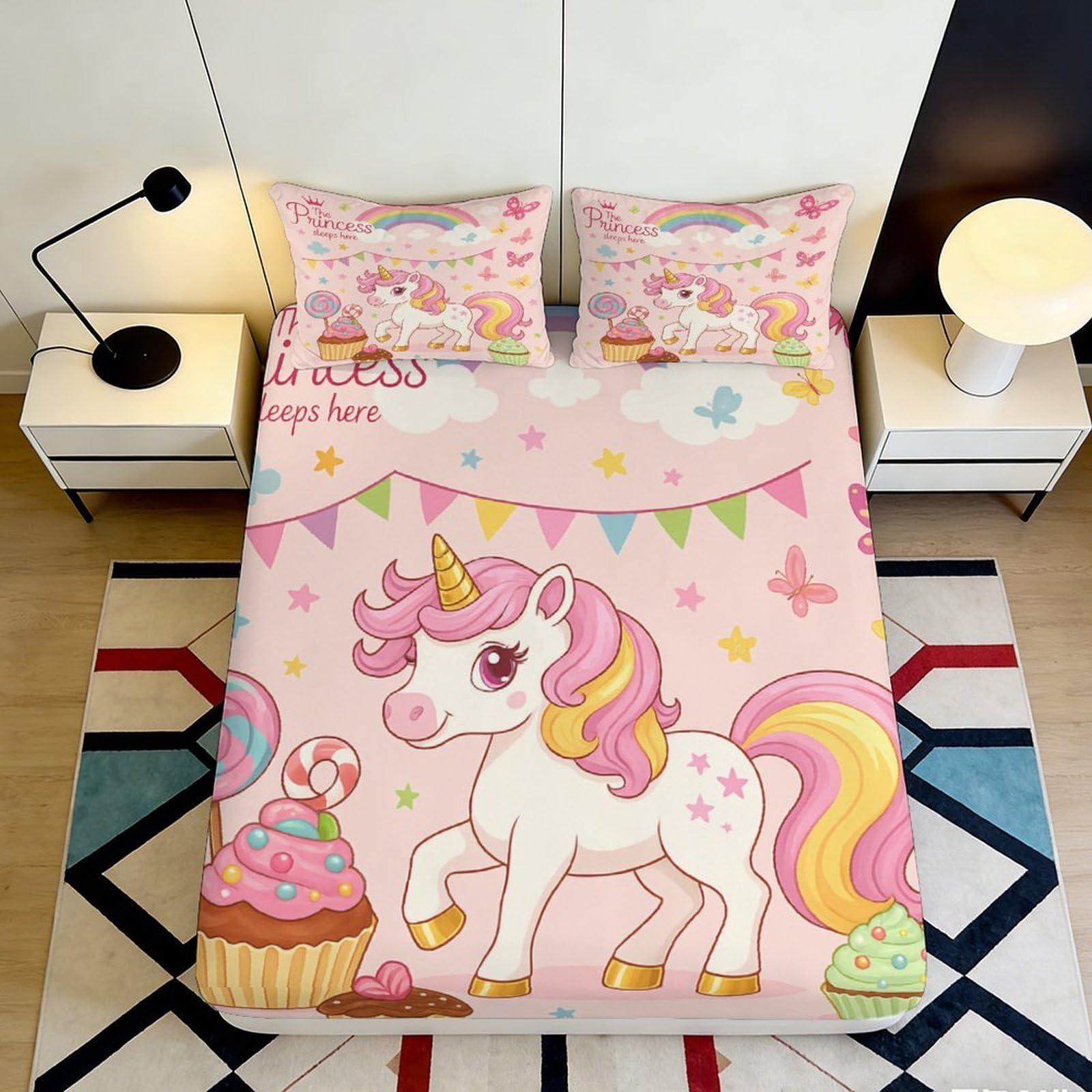 3D Printed Unicorn Fitted Sheet Soft Microfiber Non-Slip Elastic Hem Unicorn Mattress Fitted Cover Deep Pocket Bedroom Bedding 140x200x25cm