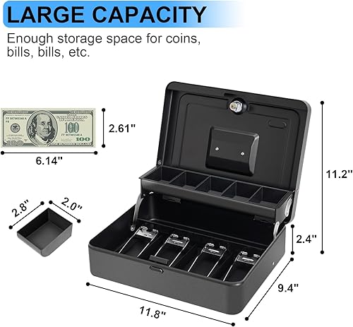 Miniatura 24 de Caja de dinero grande con cerradura de combinación y bandeja de dinero, caja de dinero con bandeja para efectivo, caja fuerte con cerradura