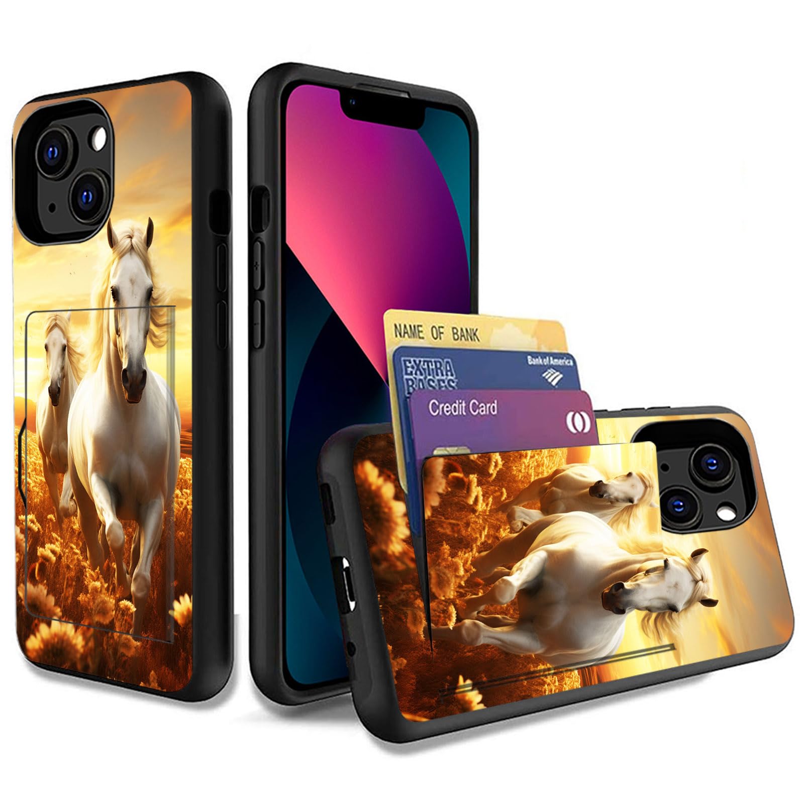 for iPhone 13 mini/12 Mini Case,Dual Layer Smooth Hard Back Cover Wallet Pocket Credit Card ID Protective Case for iPhone 12 Mini/13 Mini 5.4 inch,Aesthetic Sunset Horse