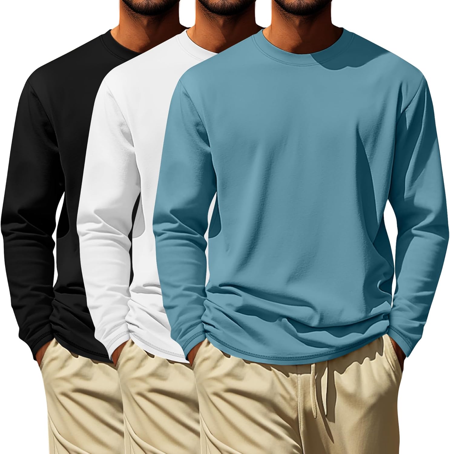 Neer 3 Pack Men's Big and Tall Cotton T-Shirts L-7xl, Long Sleeve Oversized Crewneck Tops Loose Casual Large Shirt Basic Tee