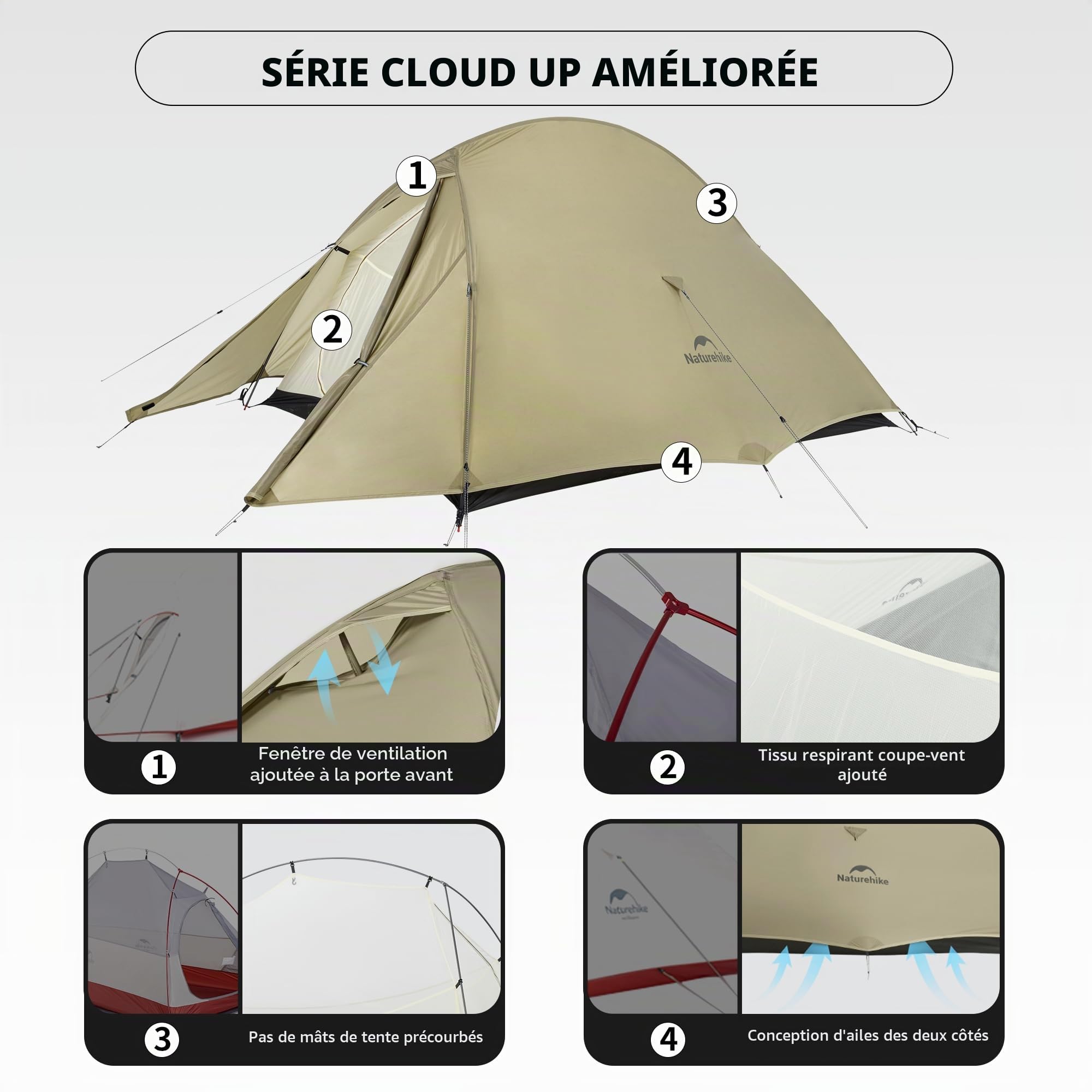 Naturehike Cloud-Up Pro Tente de camping légère pour 2 personnes, facile à installer, coupe-vent et imperméable, tente dôme pour les voyages en plein air, le trekking