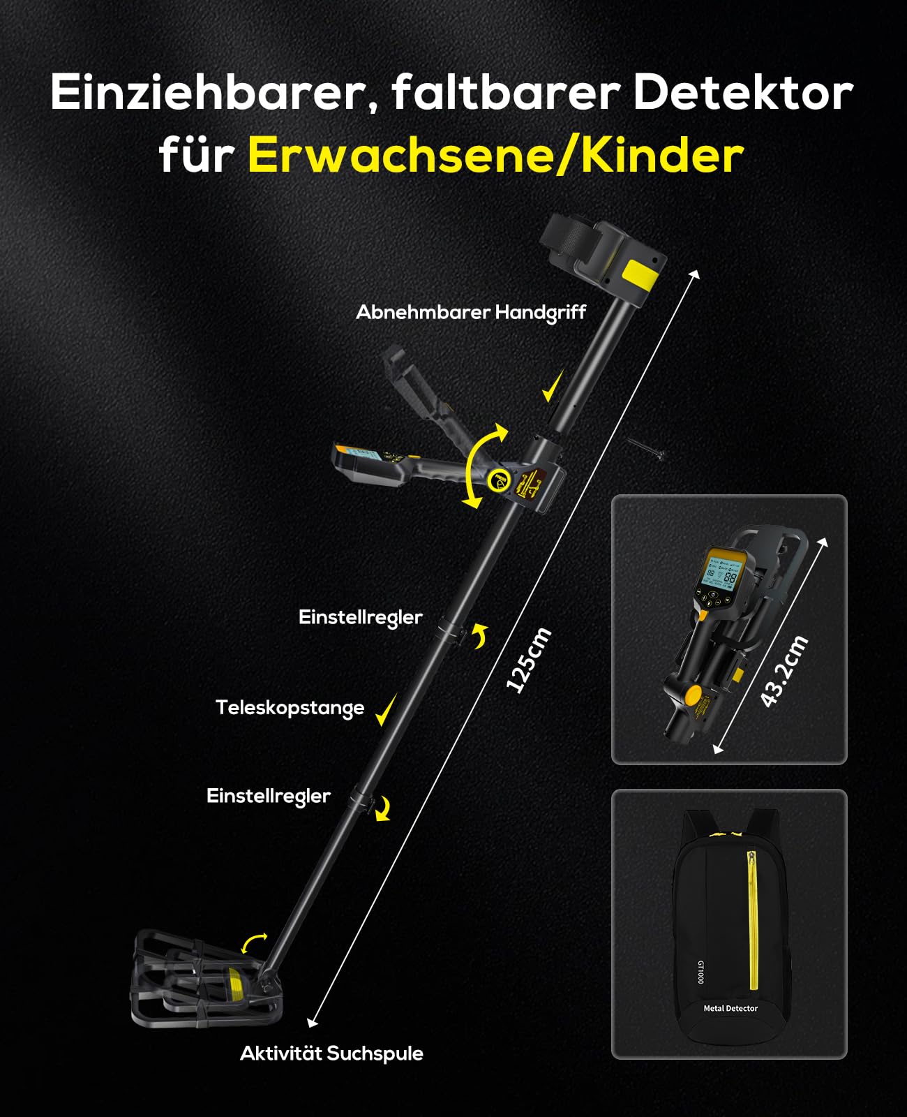 Metalldetektor Profi für Erwachsene & Kinder – Wasserdichter Golddetektor mit LCD-Display und 10-Zoll-Spule, kabellos faltbar, mit 2000mAh Akku – Hochpräzise Metalldetektoren