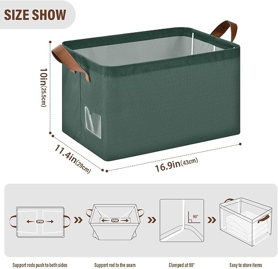 Hunter Green Large Storage Basket Collapsible Storage Box Closet Organizer Bins with Handles for Shelf Nursery Office Home Decor, 16.9 x 11.4 x 10 In