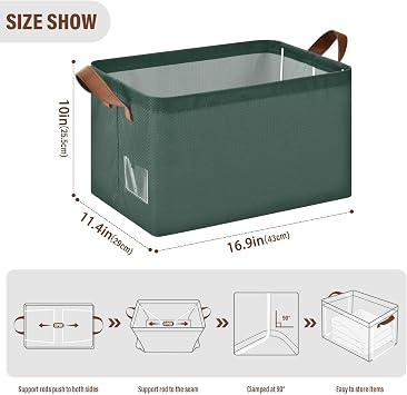 Hunter Green Large Storage Basket Collapsible Storage Box Closet Organizer Bins with Handles for Shelf Nursery Office Home Decor, 16.9 x 11.4 x 10 In