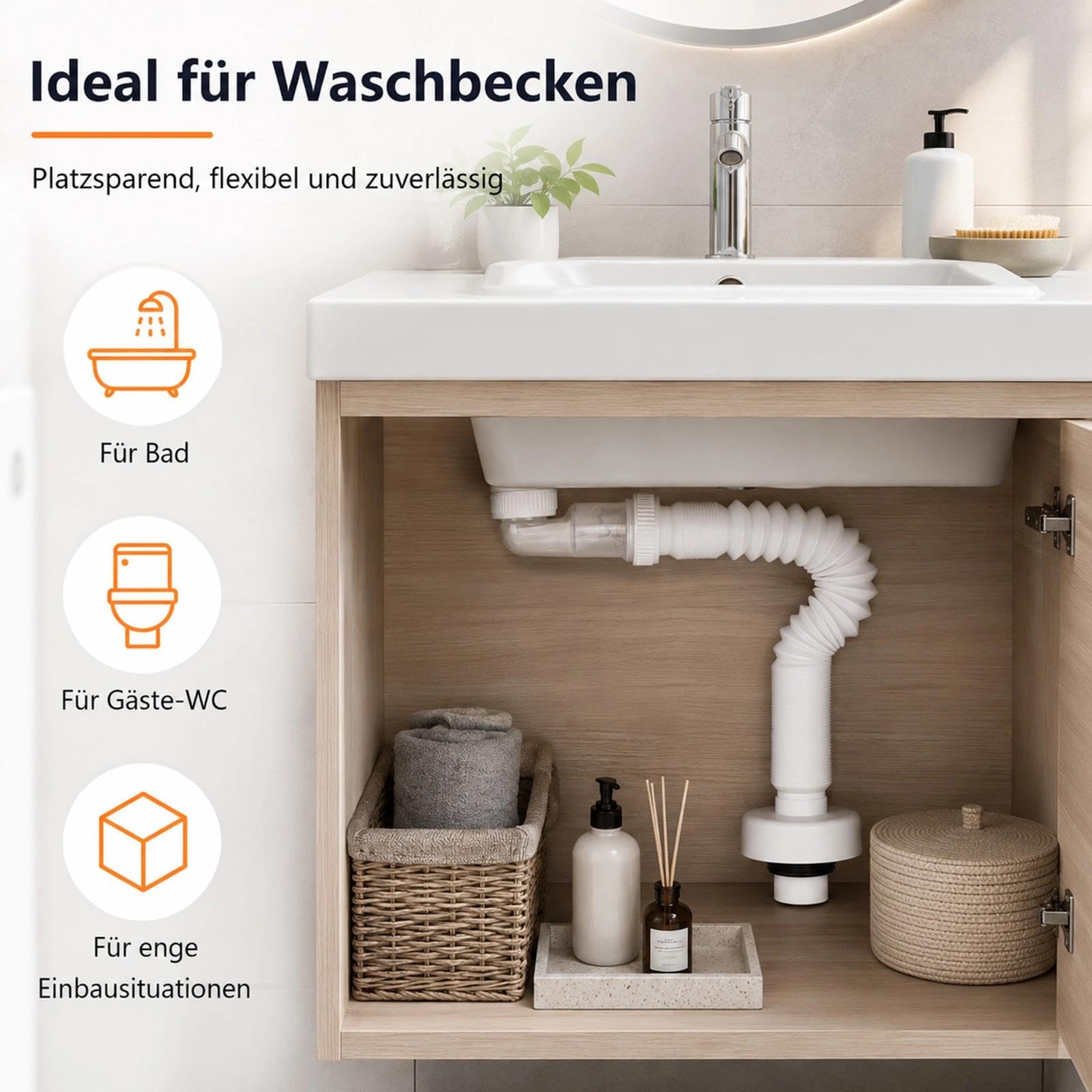 Sifón de ahorro de espacio, sifón de ahorro de espacio de 1/4 pulgadas, sifón flexible para baño, 360° más flexible y extensible, para fregadero de cocina, lavadora, baño