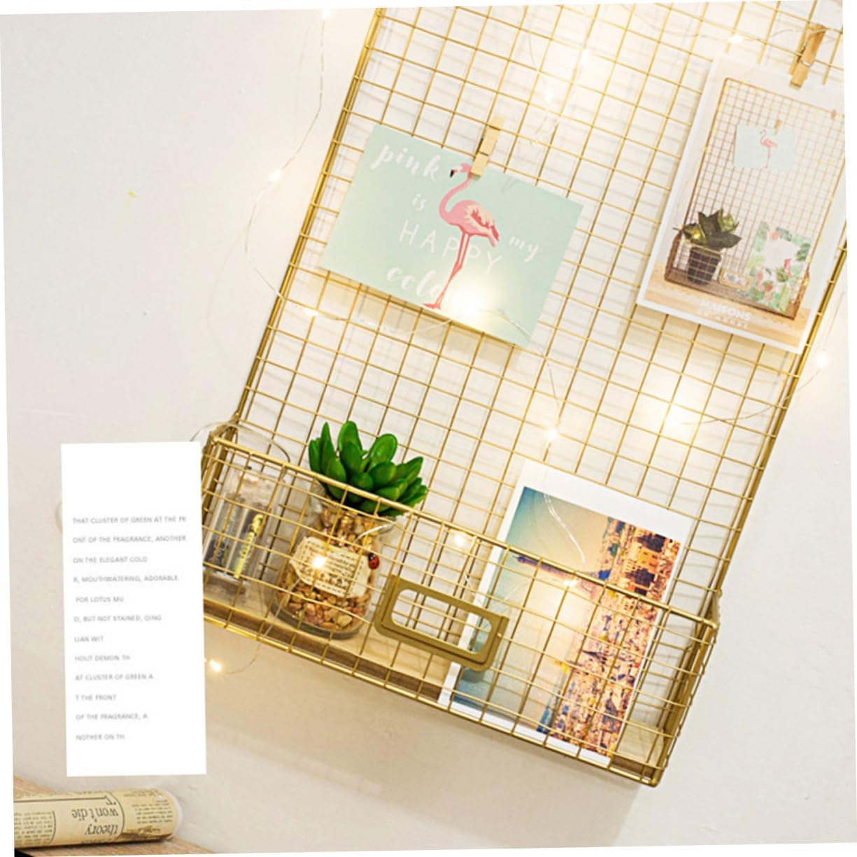 Nordic Style Iron Hanging Storage with Postcard Clips for Living Room and Bedroom Decor Thicker Mesh Design Golden