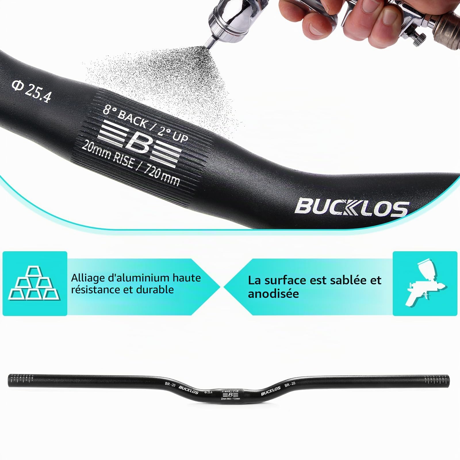 Guidon de VTT 25,4 mm – 20/40/60/80/100 mm Rise en alliage d'aluminium – 720/620 mm extra long pour vélo électrique, vélo pliable et course de descente