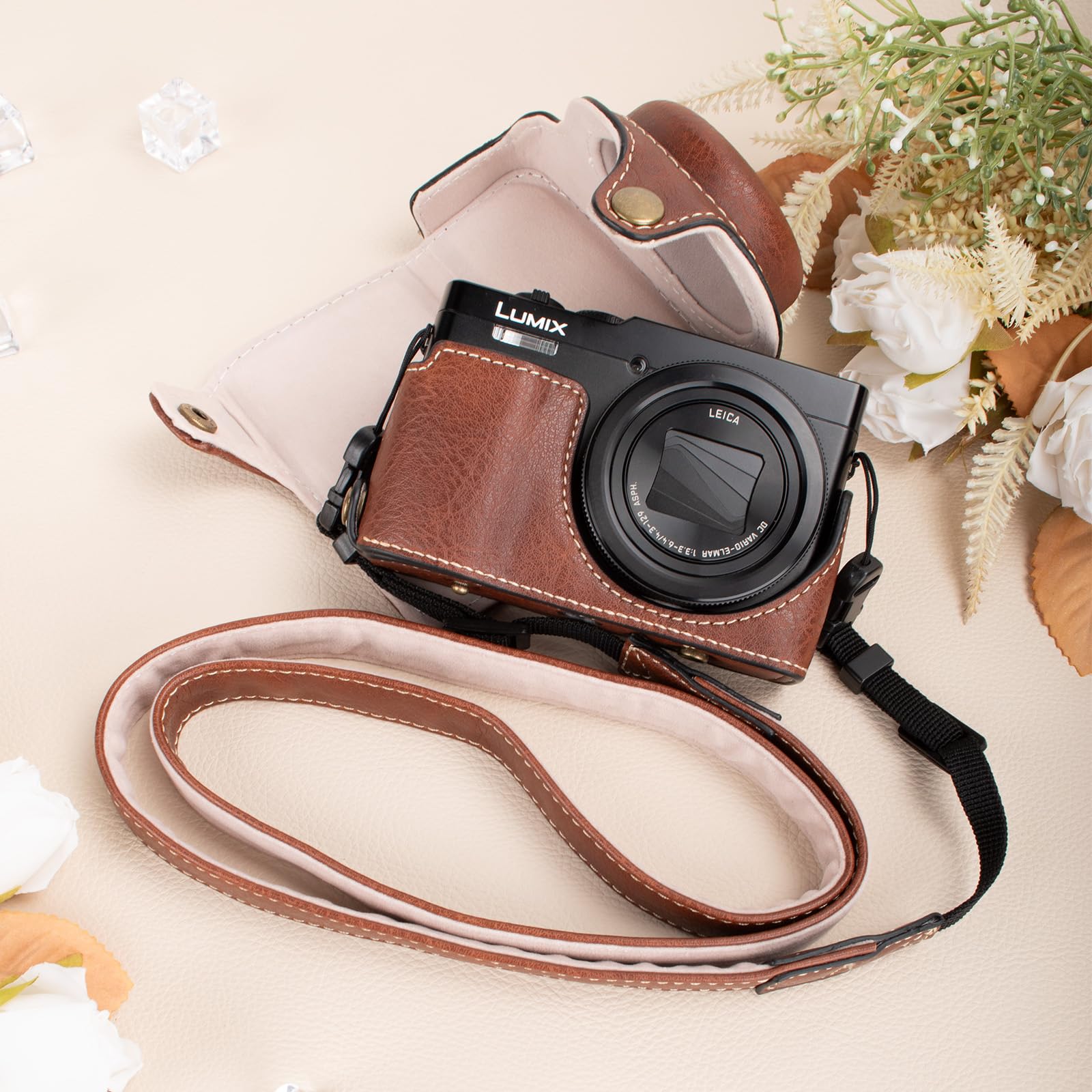 MUZIRI KINOKOO Lumix TZ99 Housse, étui de Protection en Cuir PU pour Appareil Photo numérique Panasonic Lumix DC-TZ99, Sacoche de Transport détachable avec bandoulière réglable - Café
