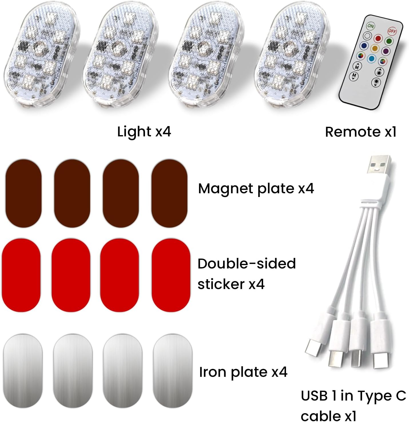 4PCS Wireless Car Led Ambient Lights, 7 Colors RGB Car Interior Light with Remote & Touch Control, Magnetic Rechargeable Type-C Mini LED Light for Cars, Cabinet, Wardrobe