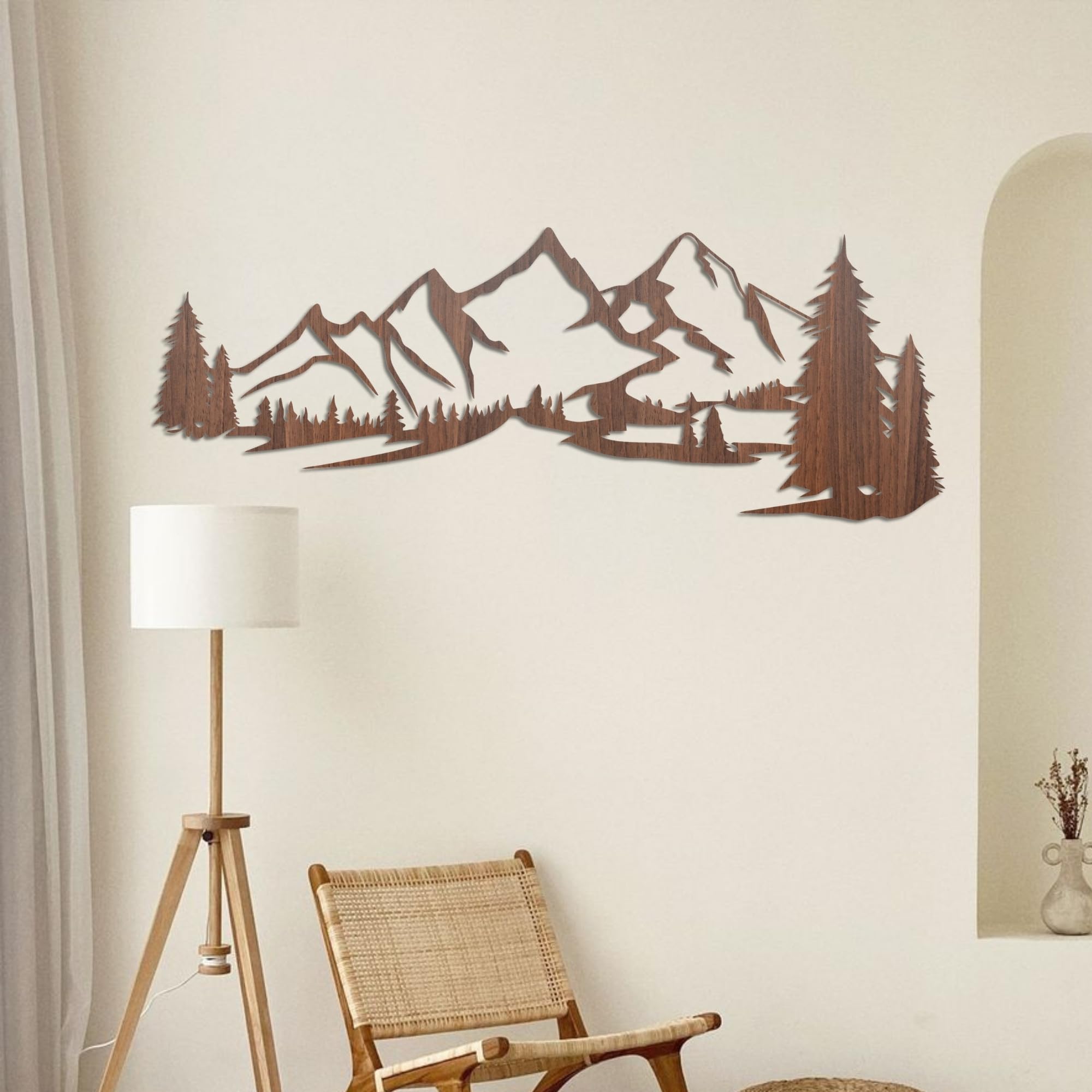 SENTOP HDF0414 Wanddekoration aus Holz – Wandbild Berge & Wald – Natur Holzdeko für Wohnzimmer, Schlafzimmer & Büro – Handgemachte Wandkunst aus Eiche (Walnuss, 178 x 69 cm)