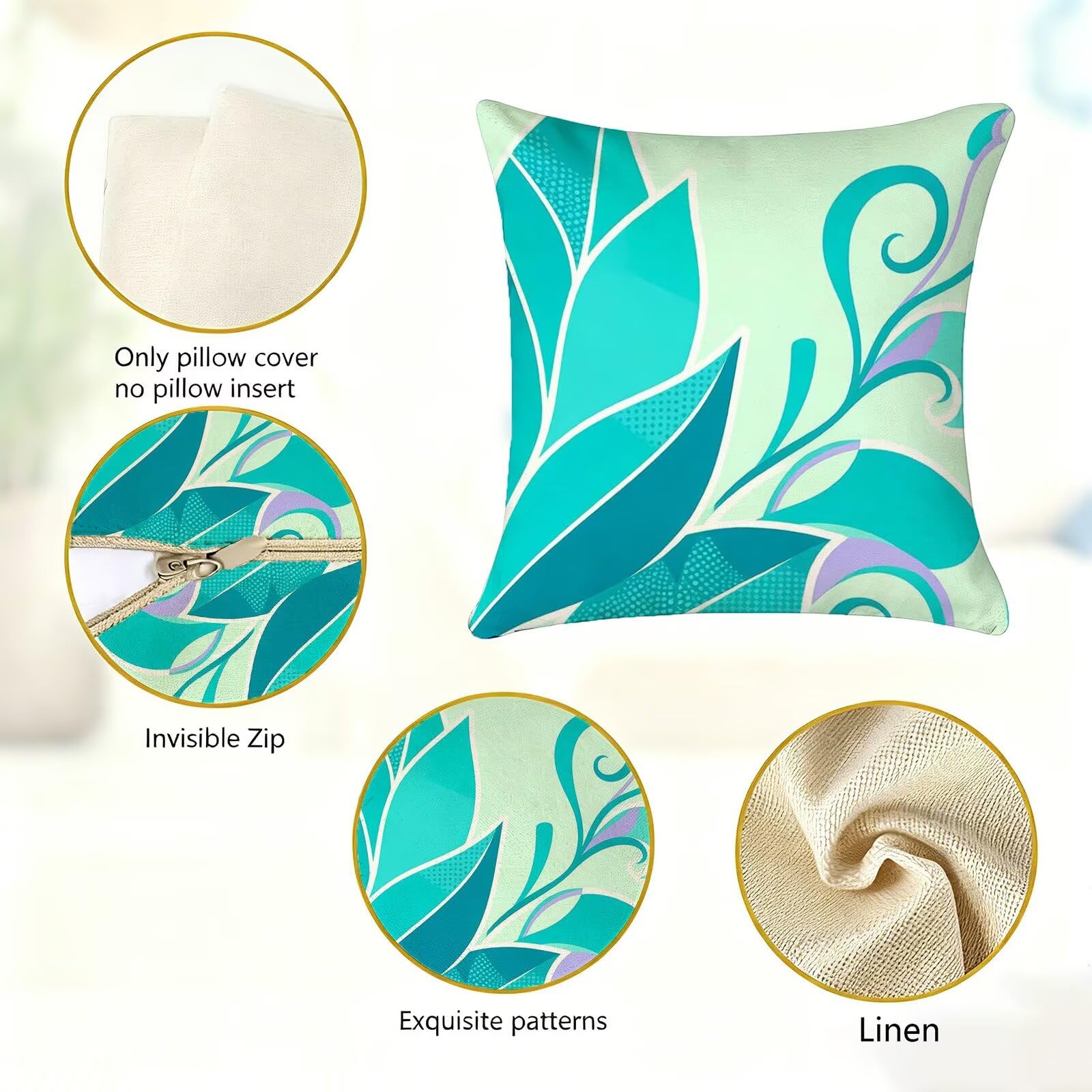 Blu Federe Cuscini Divano 40x40cm, Cuscini da Esterno Set de 4, Cod-81 | Lin Copricuscini Decorativi Letto Arredo, per Letto, Soggiorno, Giardino, Esterno, Casa Decorazione Set di 4 Foglie