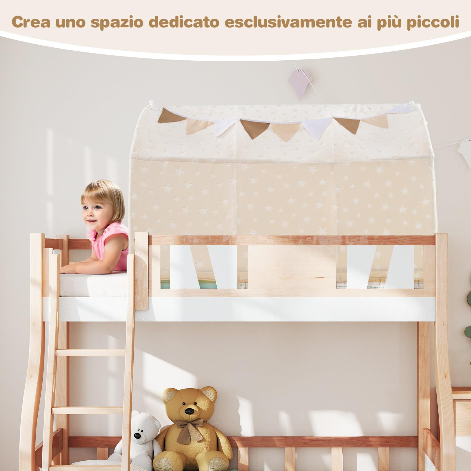 COSTWAY Tenda da Gioco per Bambini,Tenda Letto Cameretta con Stelle Luminose,Tende a Rete, Luci a Filo e Bandiere, Design Pieghevole, per Bambini 3+ Anni, 137 x 101 x 82 cm