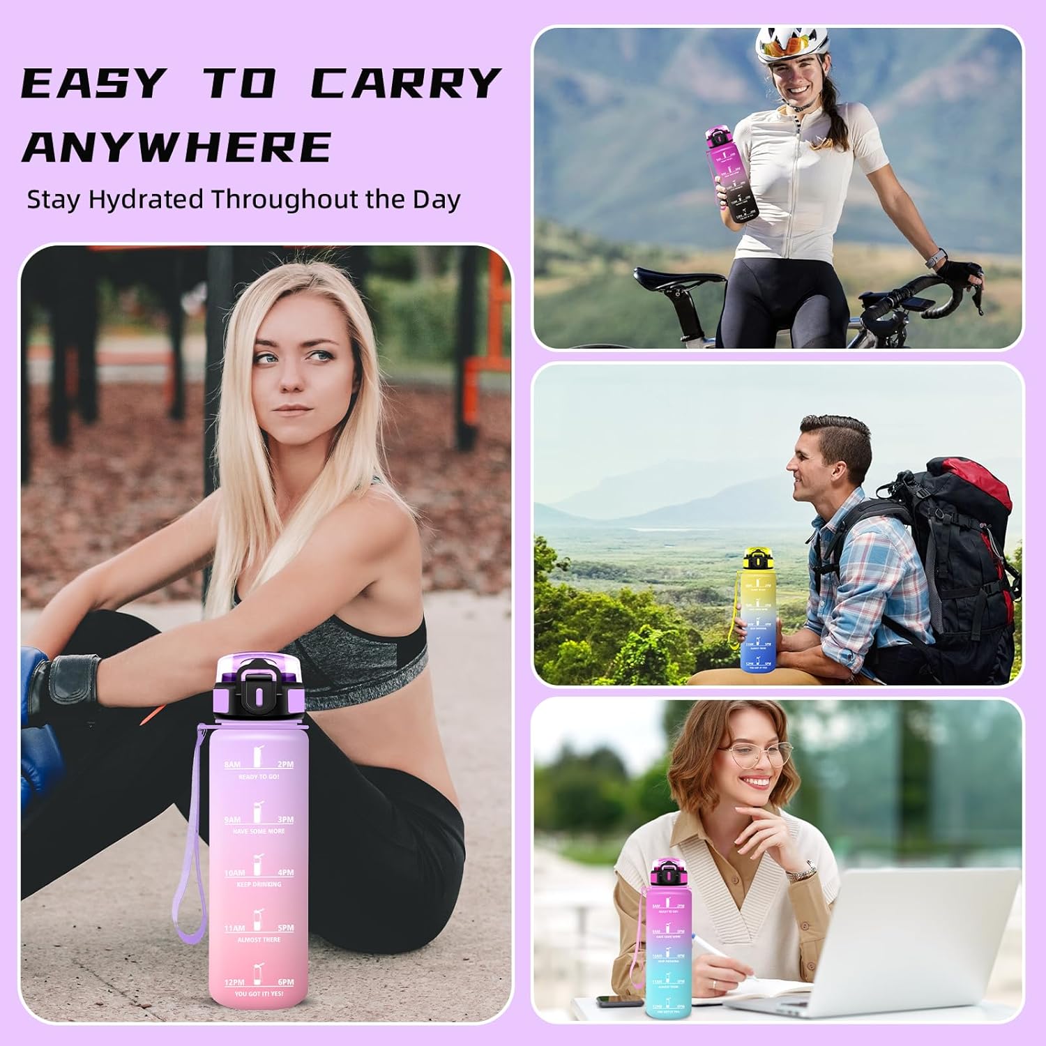 Sports Water Bottle, 1 Litre, Water Bottle with Straw, Easy to Clean, Leak-Proof Water Bottle, with Motivational Slogan, Bottle with Time Marking, for School, Yoga, Camping, Office