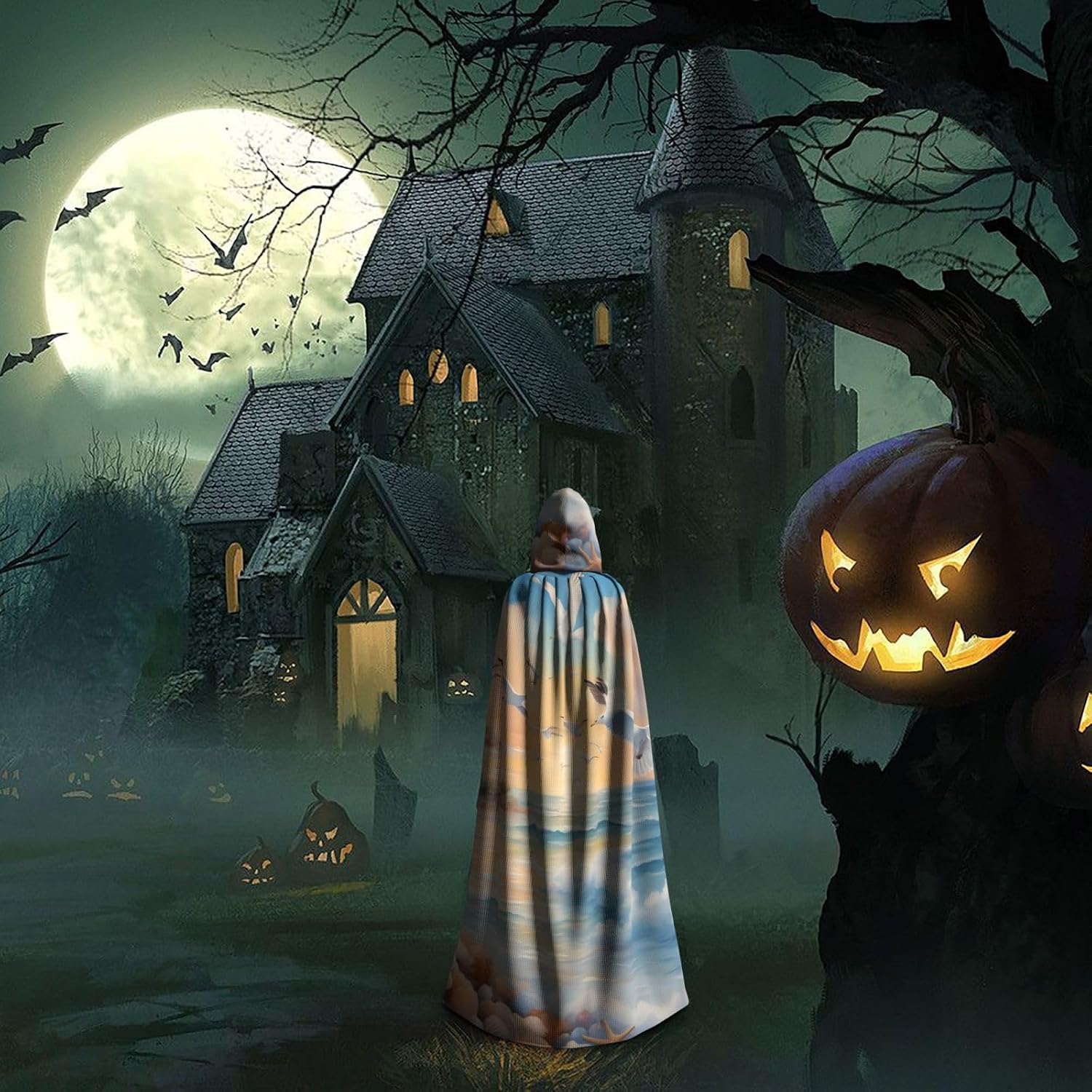 Unisex Full Length Hooded Halloween Christmas Party Robe Cloak Cape Cosplay Costume Men Women Cute Seagulls Prints Black