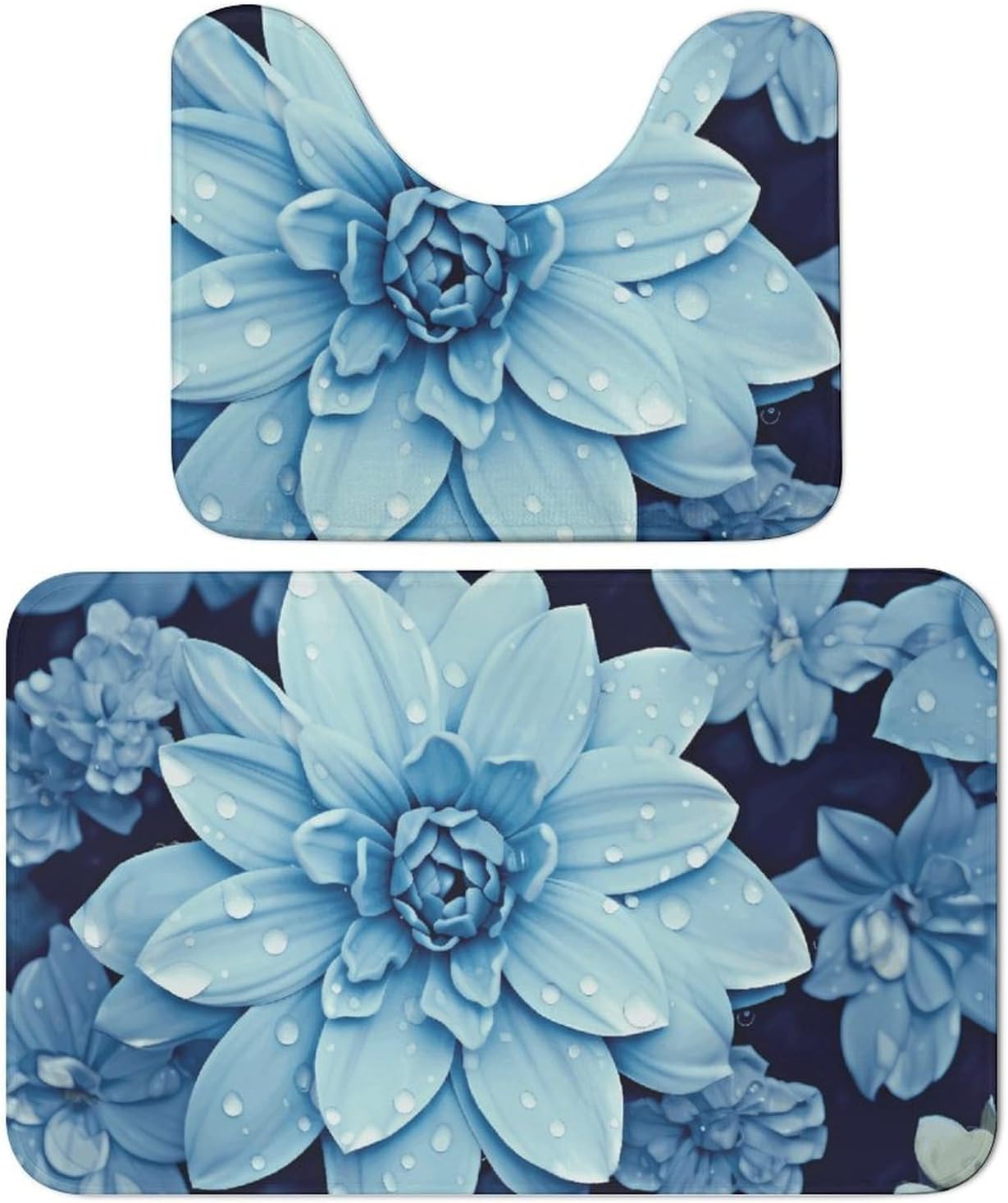 Bath Mat Set 2 Pieces Coral Velvet Bath Rug Non Slip Absorbent Microfiber Bathroom Rugs Quick Dry U-Shaped Toilet Rug Blue Flower Bathmat Washable Soft Carpet