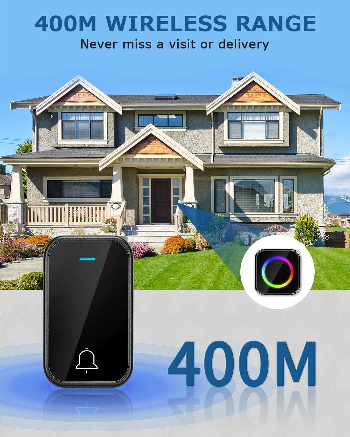Timbre Inalámbrico Exterior Impermeable Largo Alcance, Wireless Door Bell Alcance de 400 m con luz LED, 4 Niveles de Volumen y 63 melodías (2 receptores + 1 transmisor)