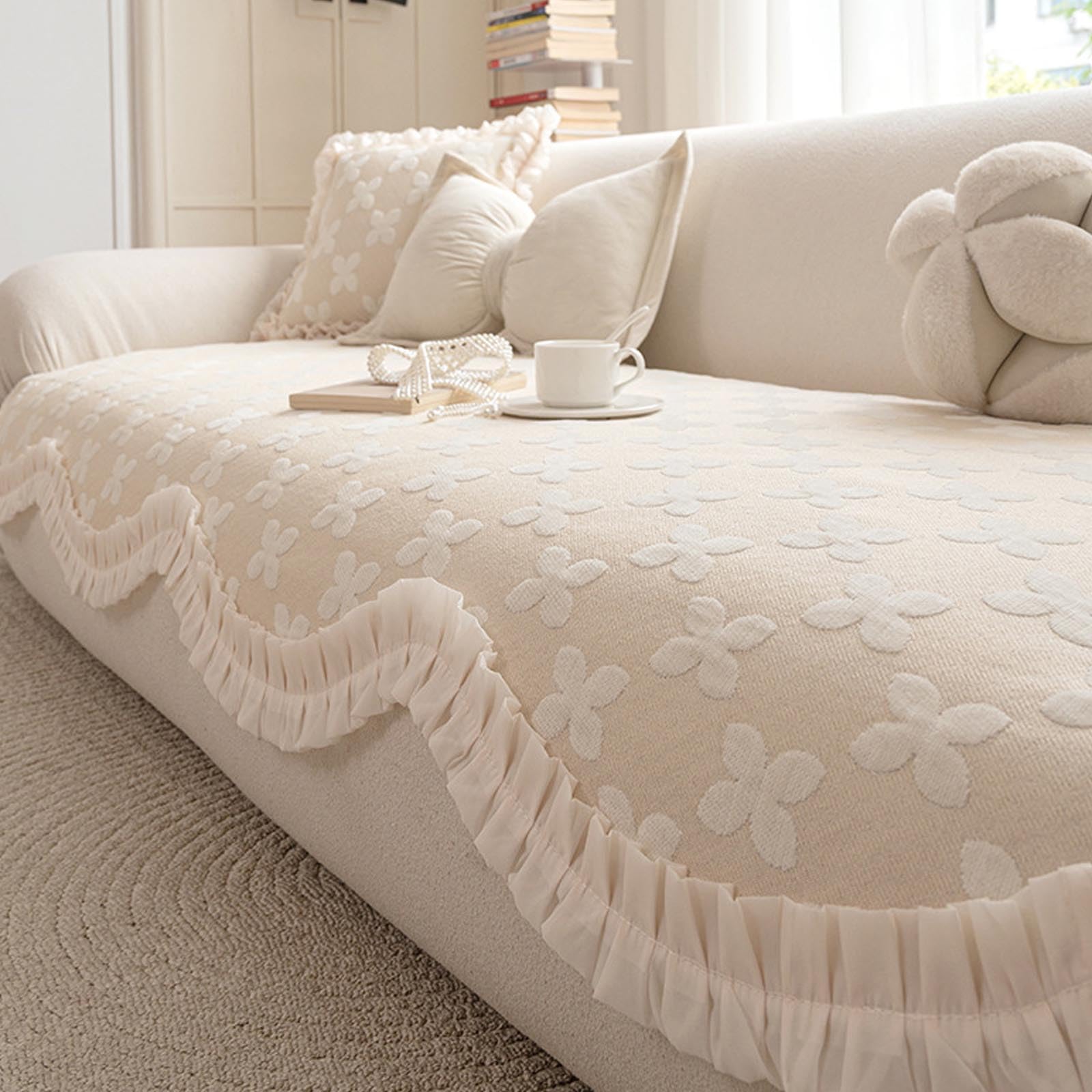 Housse de canapé en chenille beige 120x180 cm modulable pour salon familial