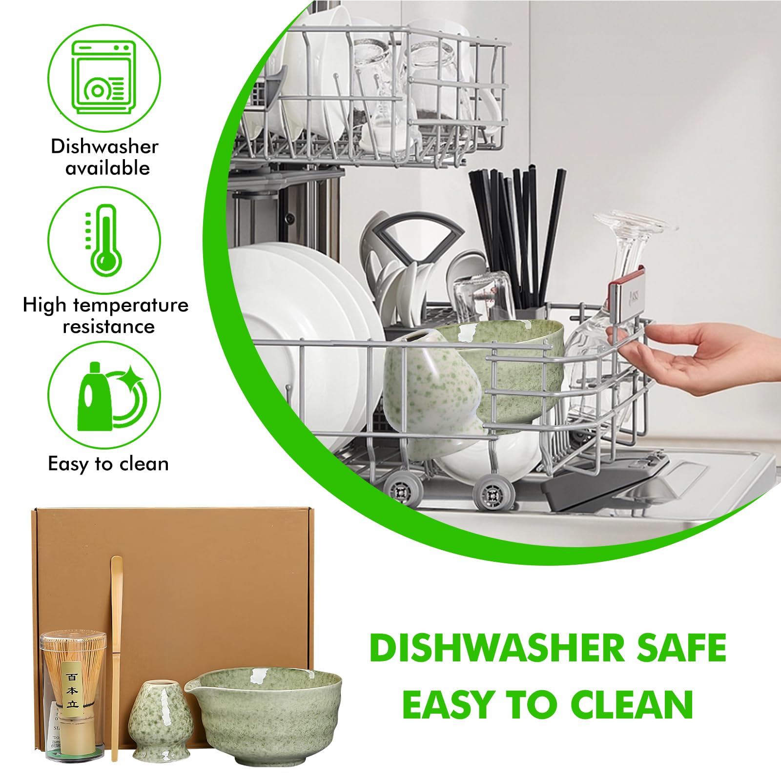 Matcha Set: 4 Stück Matcha Tee Set, Keramik Matcha Besen Set, Grün Matcha Schale mit Ausgießer und Schneebesen und Matcha-Schaufel, Matcha Whisk, Matcha Besen Set Matcha Kit