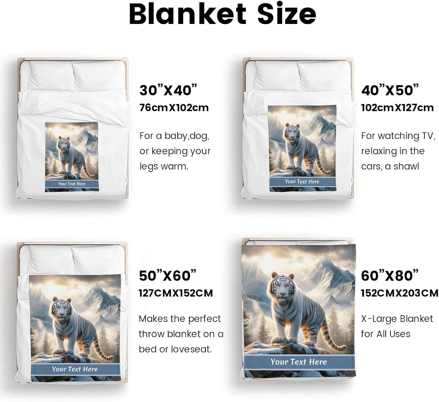 Customized White Tiger Blanket, Personalized Throw Blanket for Couch Sofa Bed, Soft Warm Fuzzy Cozy, 60"" x 80""