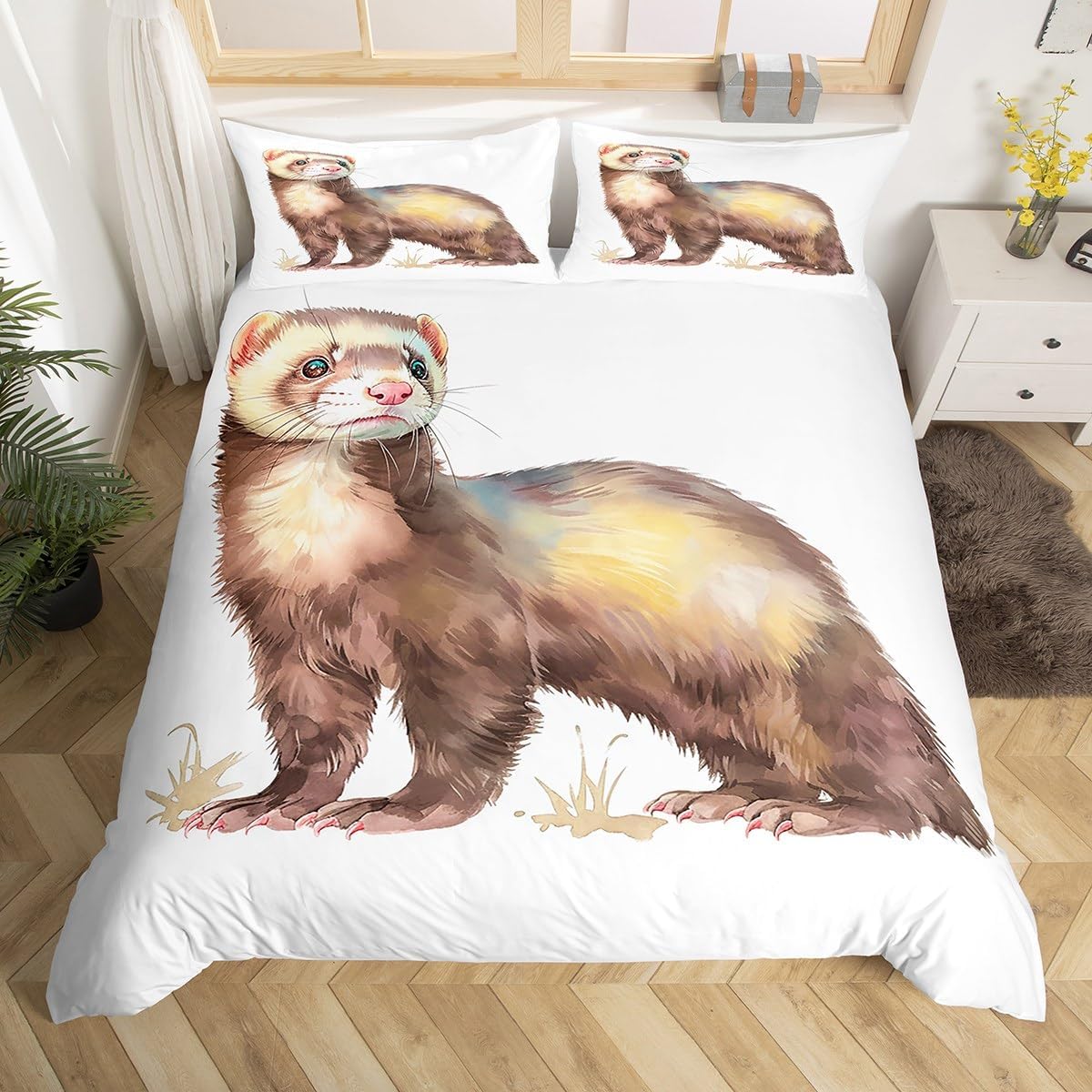 Ferret Bedding Set Twin Size Kids Cartoon Ferret Comforter Cover for Kids Child,Lovely Wild Animals Duvet Cover Cute Wildlife Quilt Cover Ferret Hand Drawn Sketch Bedroom Decor Plain White