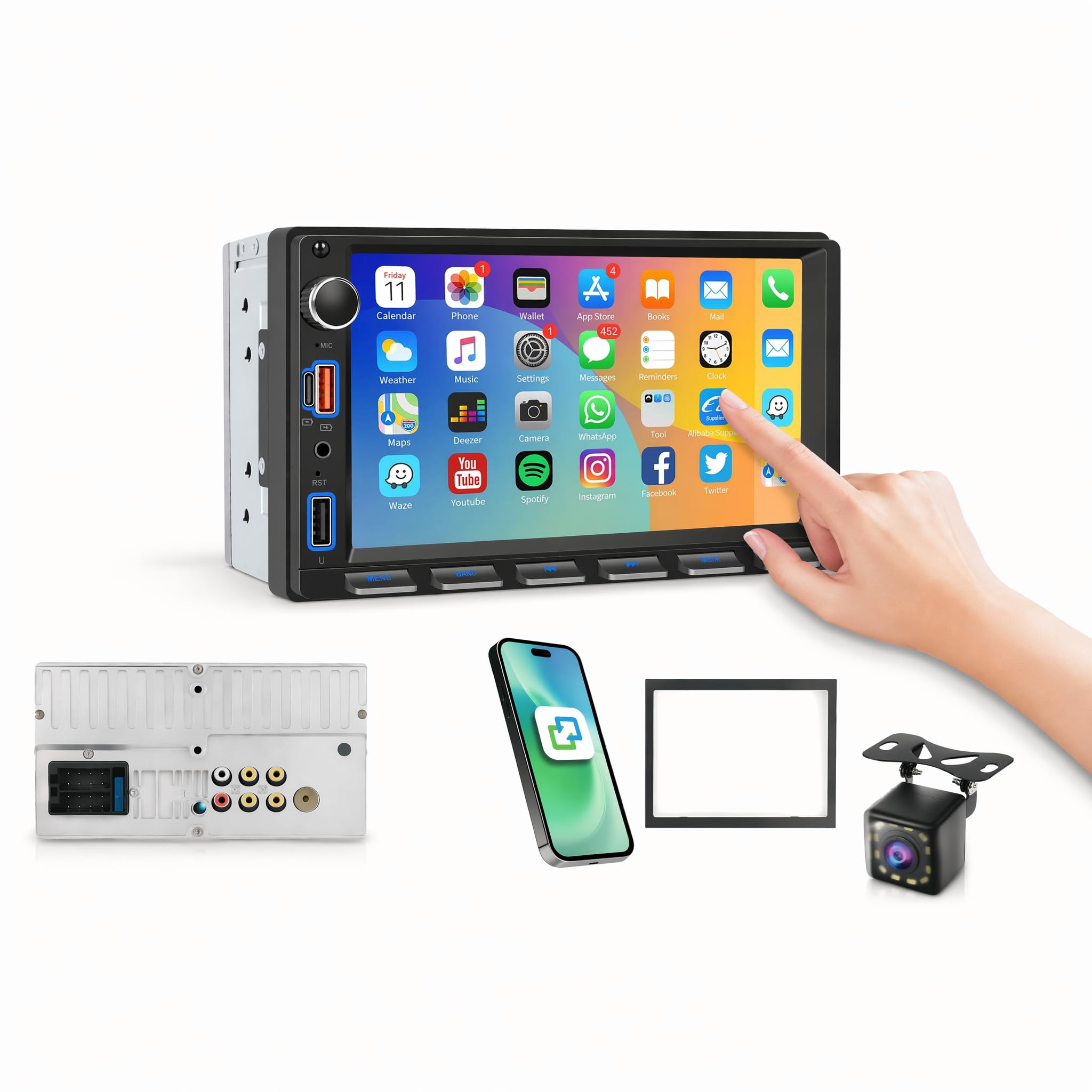2 DIN Radio samochodowe z bezprzewodowym Carpal i Android, auto i MirrorLink, 7-calowy ekran dotykowy stereo z Bluetooth, FM, AUX/TF/tylną kamerą/SWC