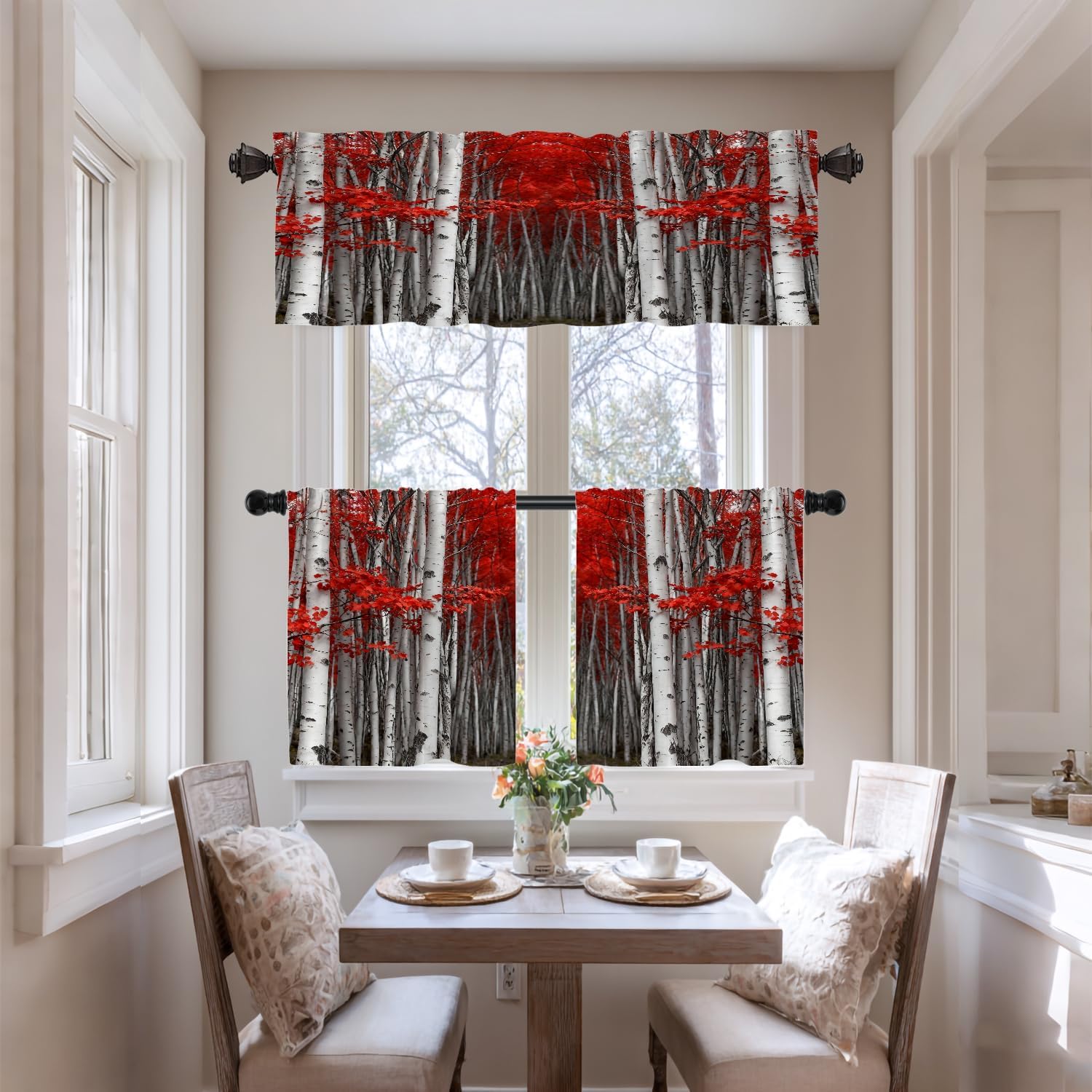 Red Leaves Black and White Kitchen Valances Window Curtain, Forest Birch Tree Forest Blackout Decoration Small Window Valances Curtains Drapes for Kitchen Bedroom, 52 X 18 Inch