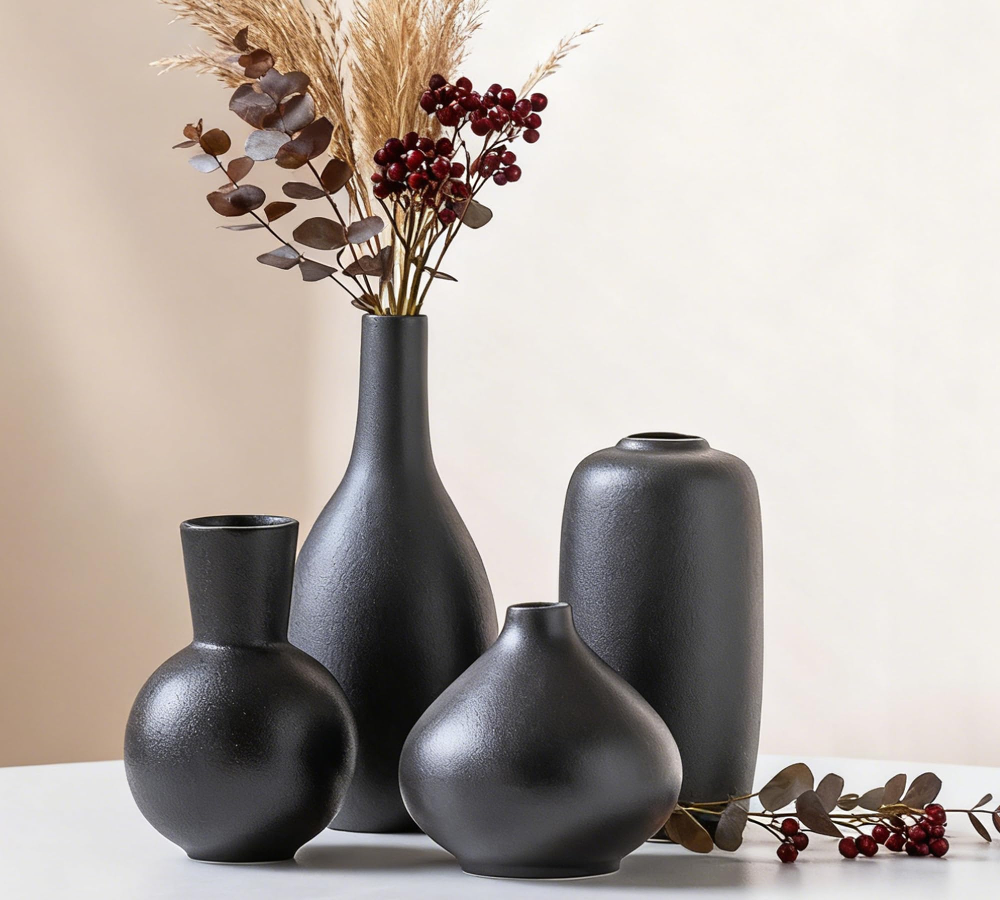 VASETOPIA Black Vase Set of 4, Elegant Ceramic Flower Vase Minimalist Boho Home Decorations for Living Room, Table, Gifts (08 Black)