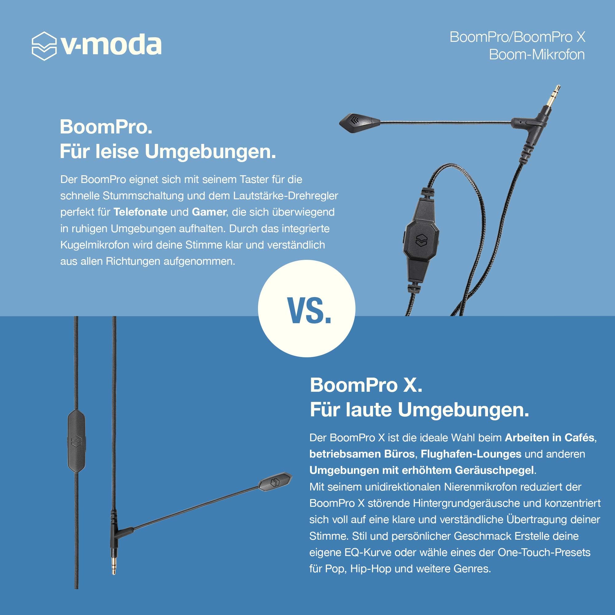 V-Moda BoomPro Mikrofon Kabel mit 3,5 mm Klinkenstecker Flexibler Mikrofonarm Clip-Steuerung Mute-Taste Lautstärkerad schwarz