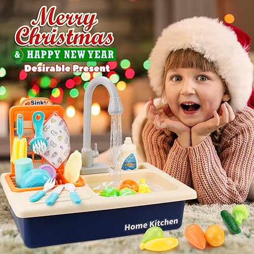 Vista 16 de BOBXIN Fregadero de juego con agua corriente, fregadero de juguete de cocina para niños pequeños, juego de roles eléctrico para lavavajillas, juego