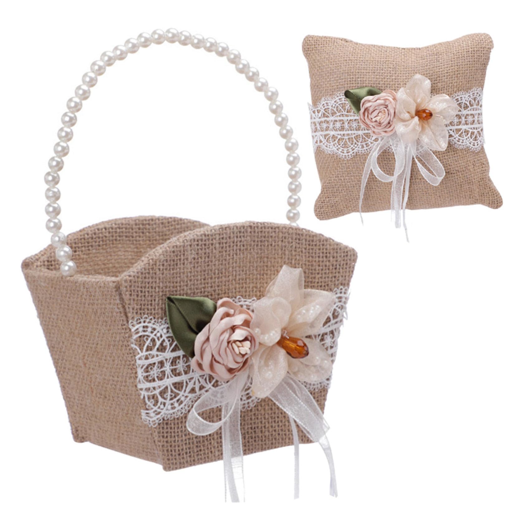Coussin d'alliances en lin et son panier de fleurs raffiné